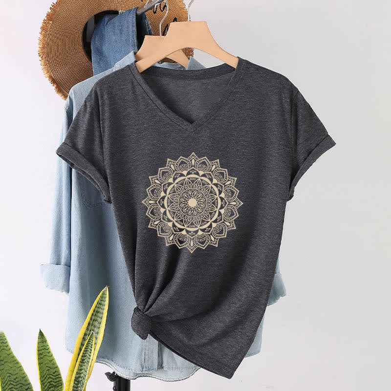 Olivenorma Mandala Lotus Boho Fleur Yoga T-shirt col V - Gris - 2XL - image 0