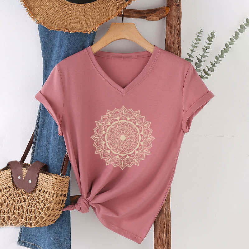 Olivenorma Mandala Lotus Boho Fleur Yoga T-shirt col V - Rose - 2XL - image 16