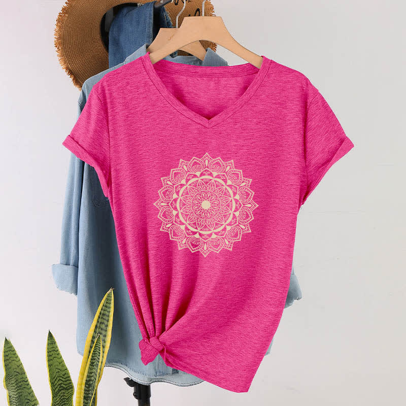 Olivenorma Mandala Lotus Boho Fleur Yoga T-shirt col V - Rose Rouge - 2XL - image 18
