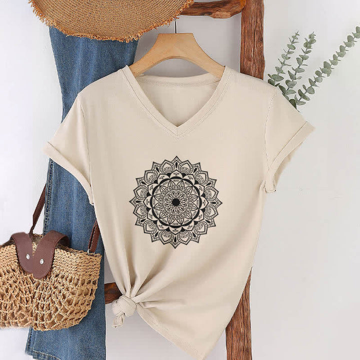 Olivenorma Mandala Lotus Boho Fleur Yoga T-shirt col V - Kaki - 2XL - image 20