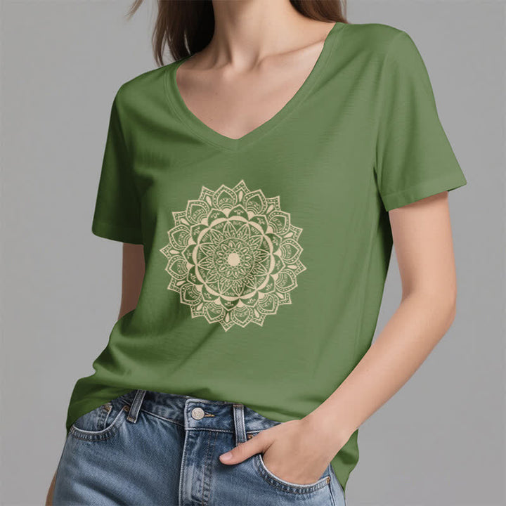 Olivenorma Mandala Lotus Boho Fleur Yoga T-shirt col V - image 9