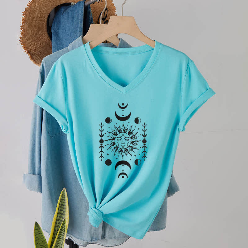 T-shirt de yoga esthétique Olivenorma à col en V, motif soleil et lune - Lac Bleu - image 23