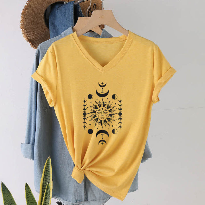 T-shirt de yoga esthétique Olivenorma à col en V, motif soleil et lune - Jaune - image 15