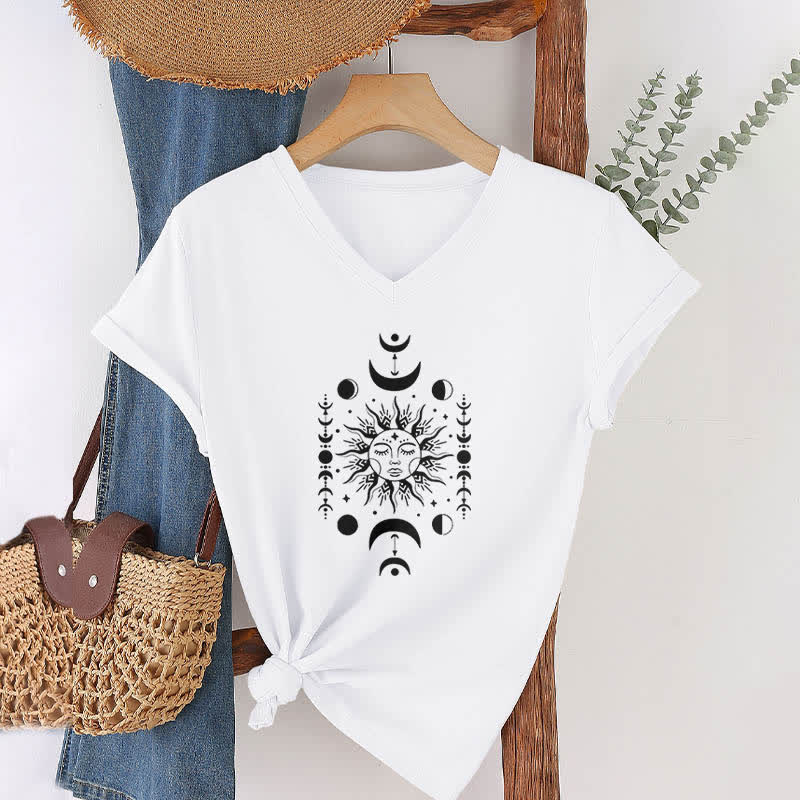 T-shirt de yoga esthétique Olivenorma à col en V, motif soleil et lune - Blanc - image 1