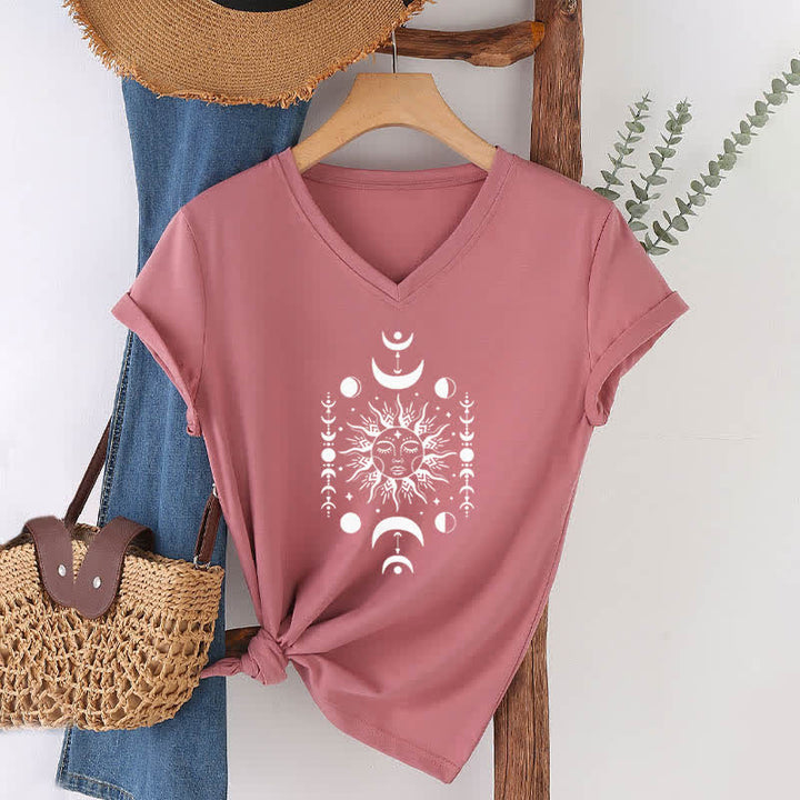 T-shirt de yoga esthétique Olivenorma à col en V, motif soleil et lune - Rose - image 17