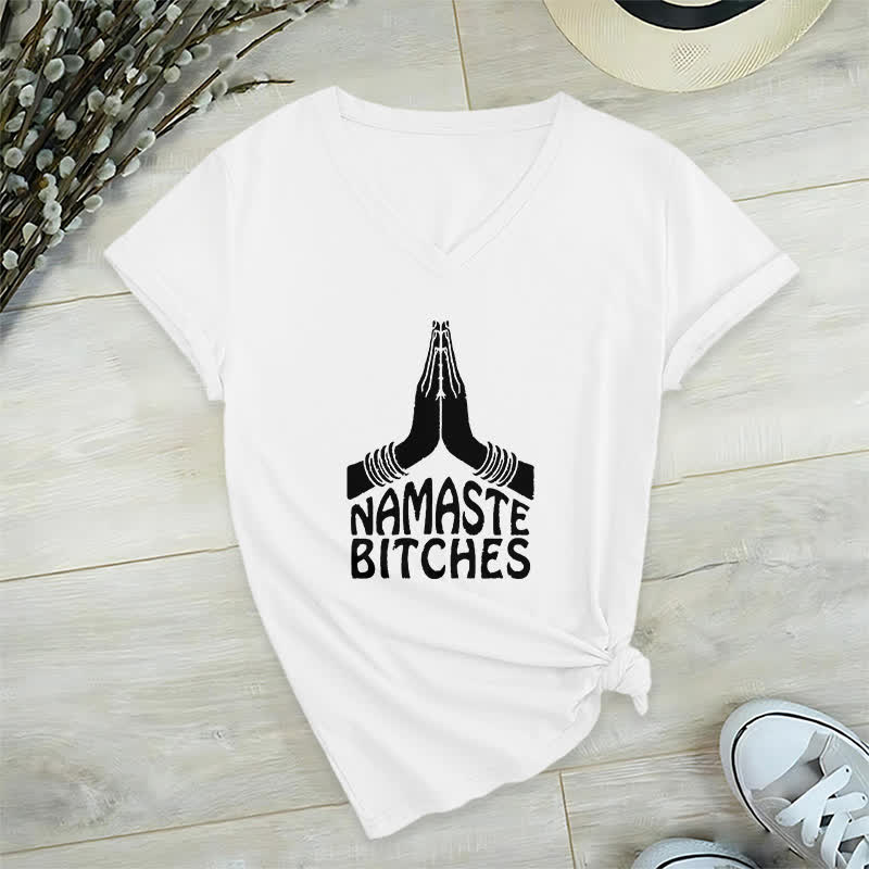 T-shirt col V humoristique Olivenorma Namaste Méditation Yoga - Blanc - 2XL - image 1