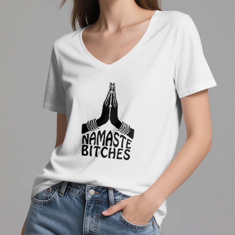 T-shirt col V humoristique Olivenorma Namaste Méditation Yoga - image 1