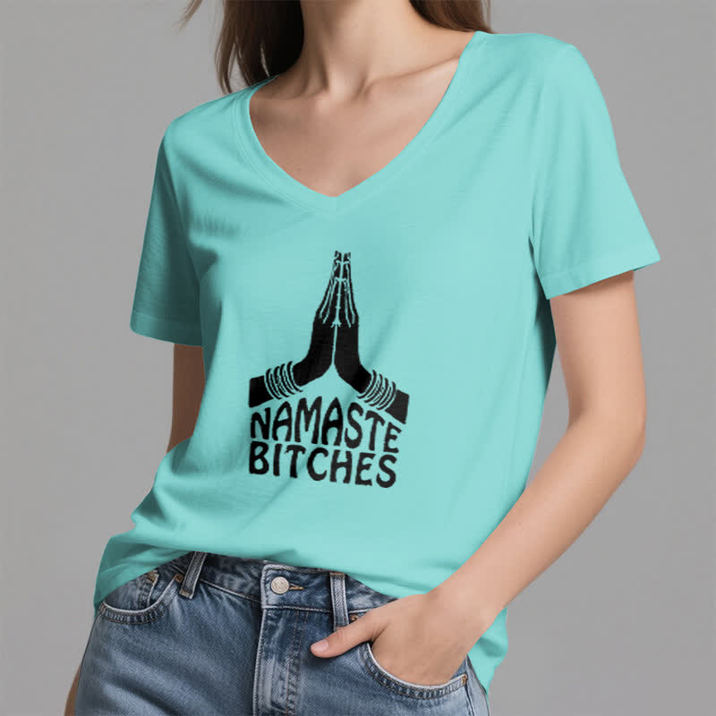 T-shirt col V humoristique Olivenorma Namaste Méditation Yoga - image 24