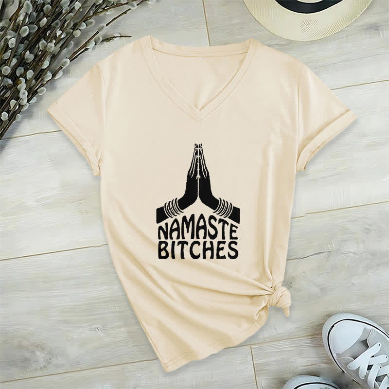 T-shirt col V humoristique Olivenorma Namaste Méditation Yoga - Kaki - 2XL - image 21