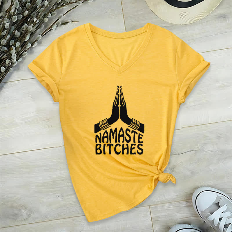 T-shirt col V humoristique Olivenorma Namaste Méditation Yoga - Jaune - 2XL - image 15