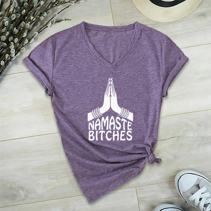 T-shirt col V humoristique Olivenorma Namaste Méditation Yoga - Violet - 2XL - image 25