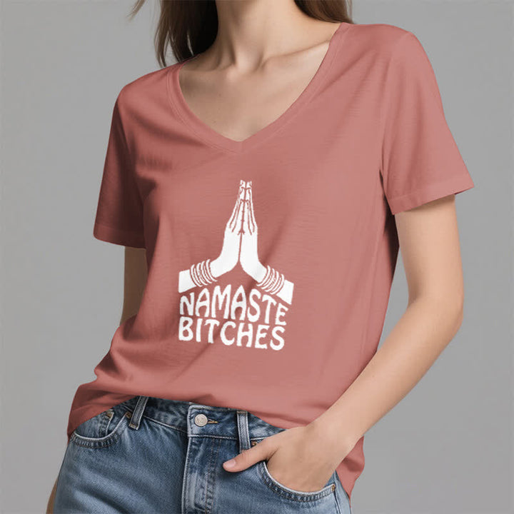 T-shirt col V humoristique Olivenorma Namaste Méditation Yoga - image 19