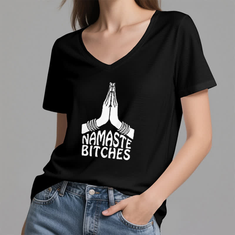 T-shirt col V humoristique Olivenorma Namaste Méditation Yoga - image 12