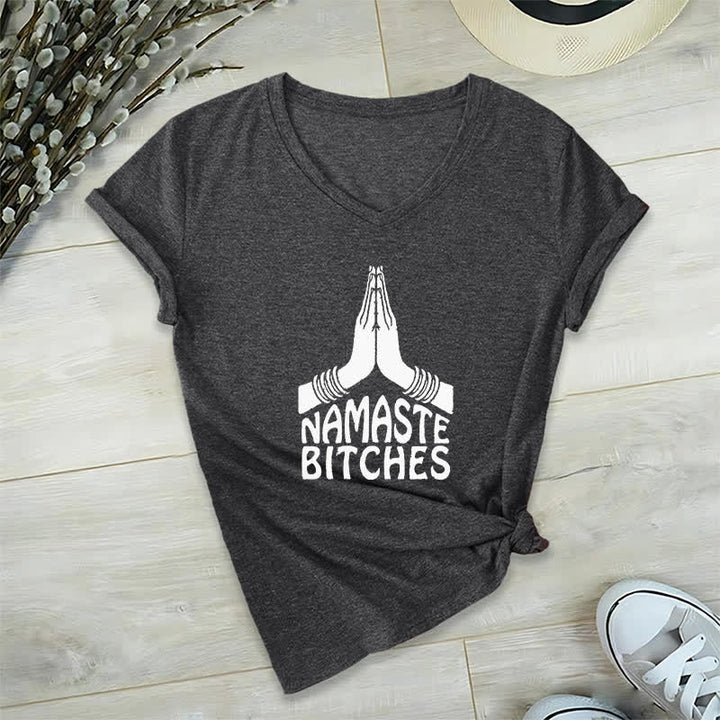 T-shirt col V humoristique Olivenorma Namaste Méditation Yoga - Gris - 2XL - image 10