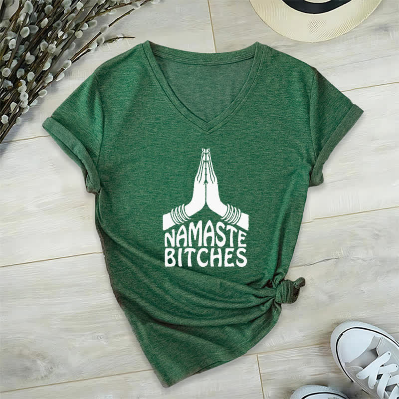 T-shirt col V humoristique Olivenorma Namaste Méditation Yoga - Vert foncé - 2XL - image 5