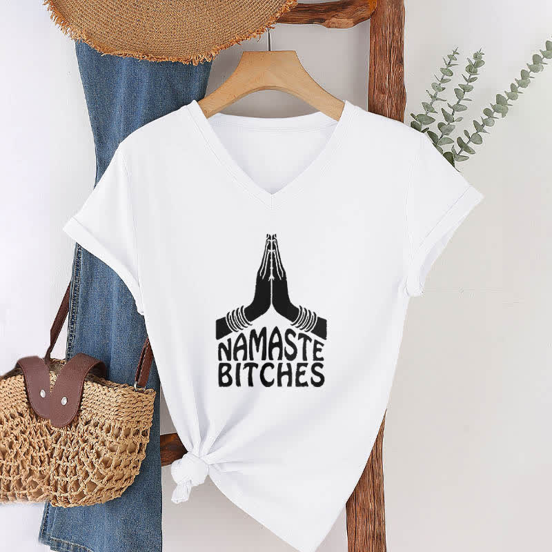 T-shirt col V humoristique Olivenorma Namaste Méditation Yoga - image 2