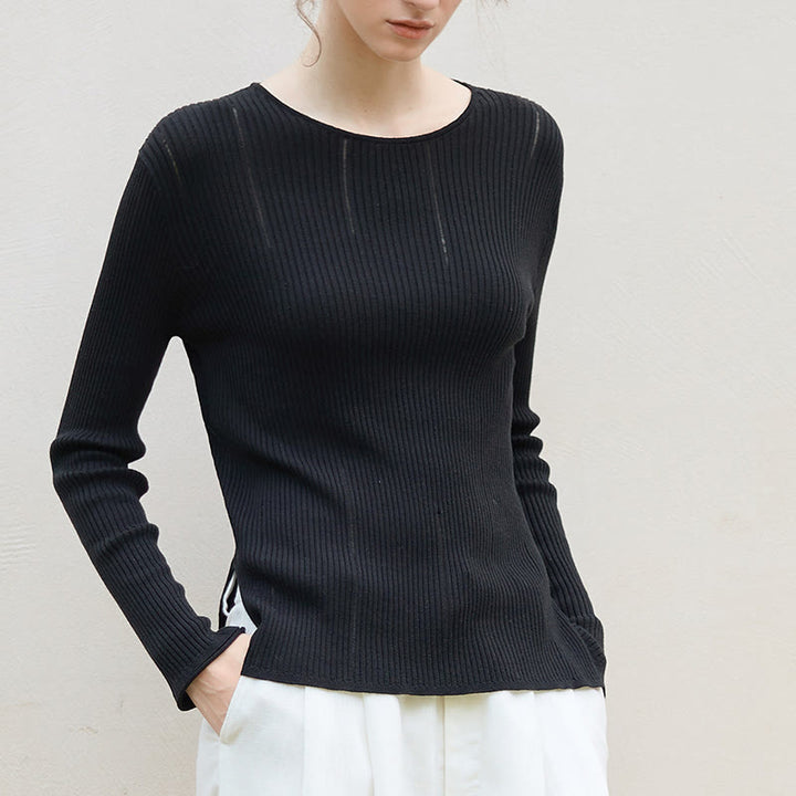 Chemisier à manches longues Olivenorma , haut en maille côtelée fendue, sweat-shirt pour femme - Noir - Taille unique - image 0