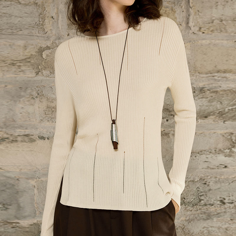 Chemisier à manches longues Olivenorma , haut en maille côtelée fendue, sweat-shirt pour femme - Beige - Taille unique - image 5
