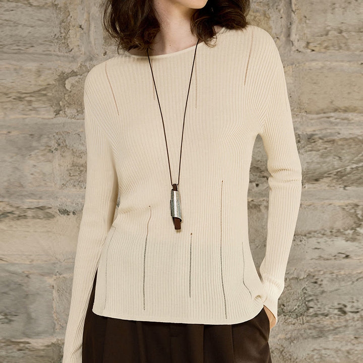 Chemisier à manches longues Olivenorma , haut en maille côtelée fendue, sweat-shirt pour femme - Beige - Taille unique - image 5