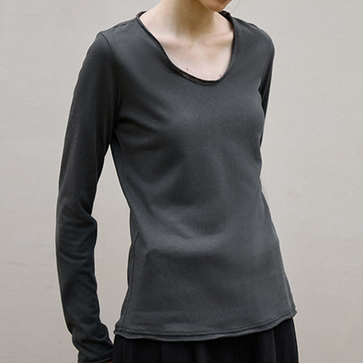 Sweat-shirt à manches longues et col roulé en U pour femme, couleur unie, Olivenorma - Gris - L - image 9