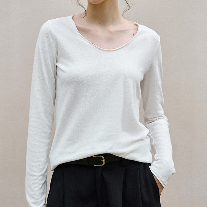 Sweat-shirt à manches longues et col roulé en U pour femme, couleur unie, Olivenorma - Blanc - L - image 0