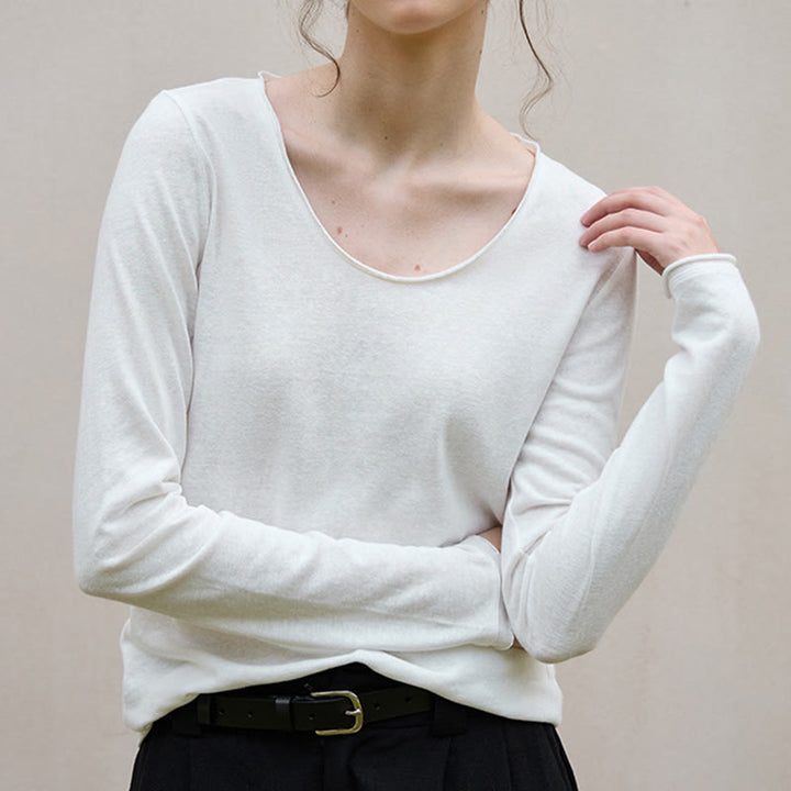 Sweat-shirt à manches longues et col roulé en U pour femme, couleur unie, Olivenorma - image 4