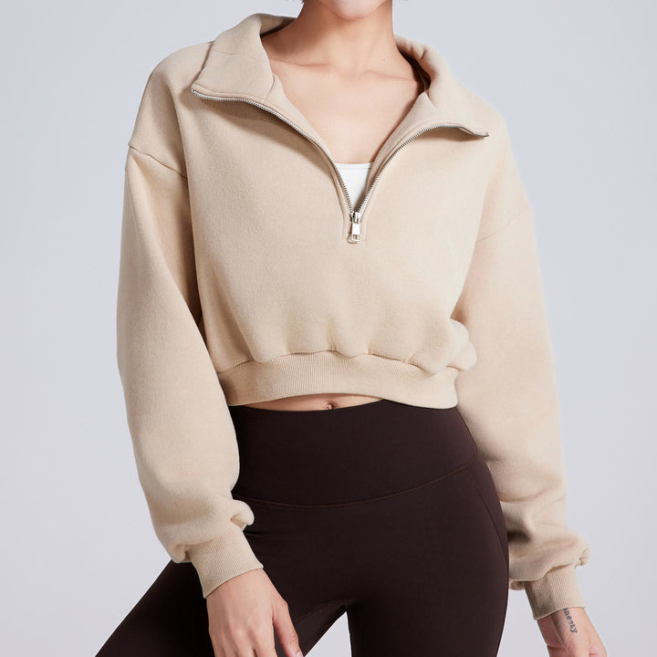 Sweat-shirt court surdimensionné en polaire avec fermeture éclair sur les hanches Olivenorma - Beige - L - image 0