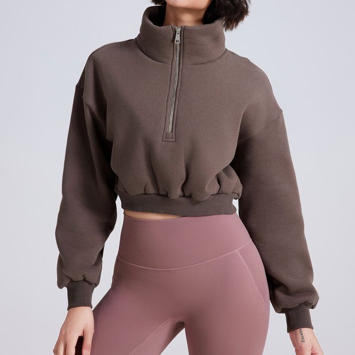 Sweat-shirt court surdimensionné en polaire avec fermeture éclair sur les hanches Olivenorma - Café - L - image 13