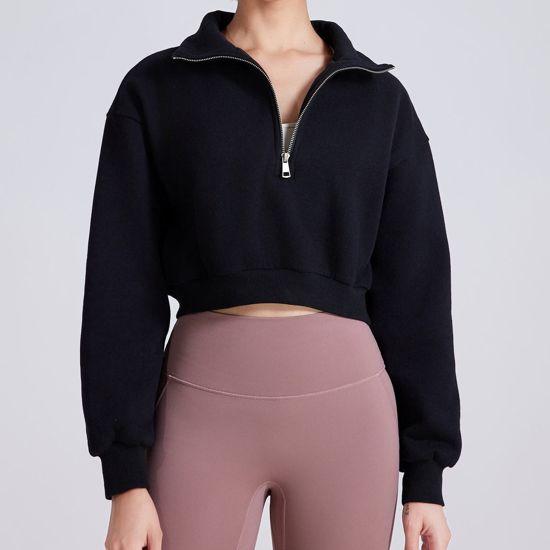 Sweat-shirt court surdimensionné en polaire avec fermeture éclair sur les hanches Olivenorma - Noir - L - image 10