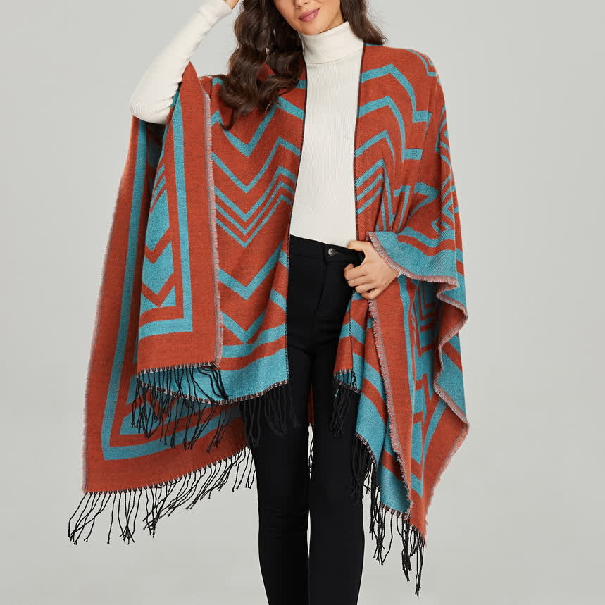Cardigan châle ouvert devant style bohème patchwork Olivenorma - Géométrique rouge et bleu - 135x155cm - image 7