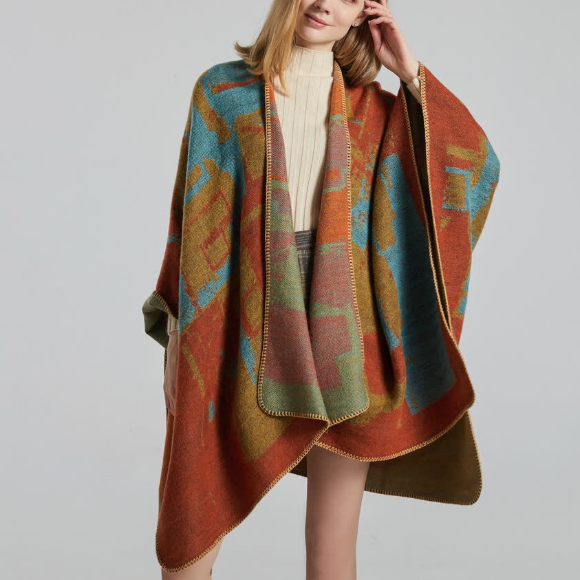 Cardigan châle ouvert devant style bohème patchwork Olivenorma - Orange - 135x155cm - image 4