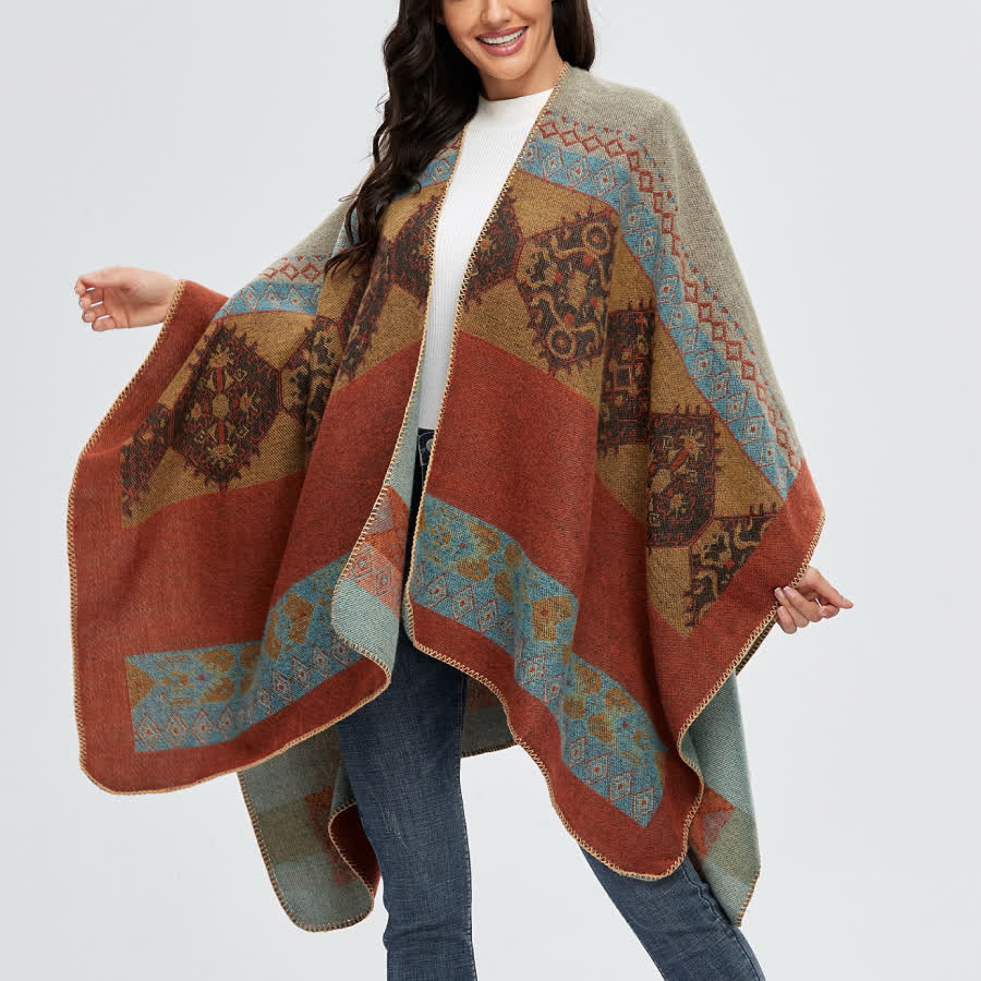 Cardigan châle ouvert devant style bohème patchwork Olivenorma - Rouge brique - 135x155cm - image 0