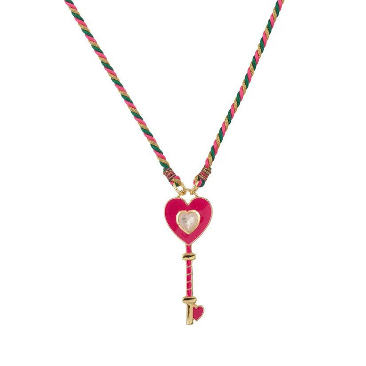 Collier en corde tressée avec breloque tribale Olivenorma , main de Hamsa et mauvais œil, pour tarot - Clé en forme de cœur rose vif - image 9