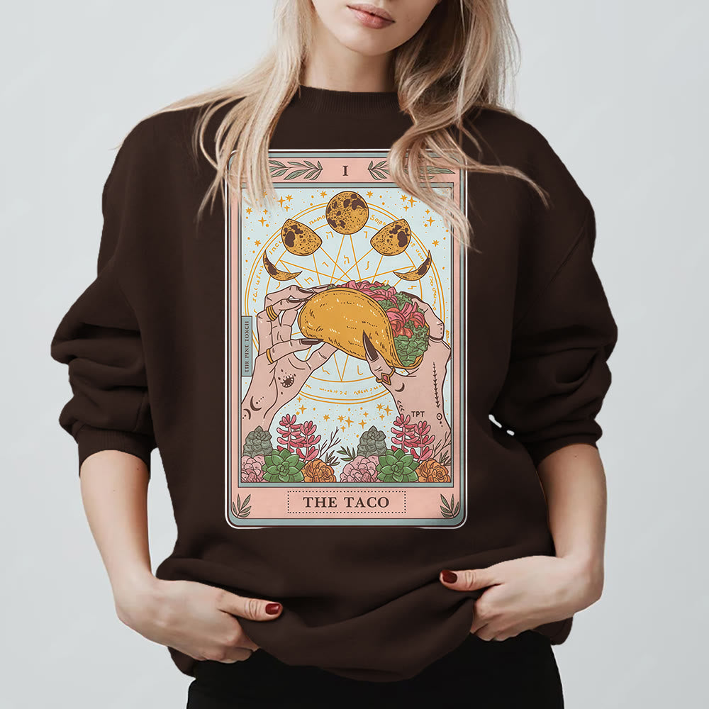 Sweat-shirt ample en polaire Olivenorma THE TACO avec motif de carte de tarot humoristique et phases de la lune - Brun - 2XL - image 9