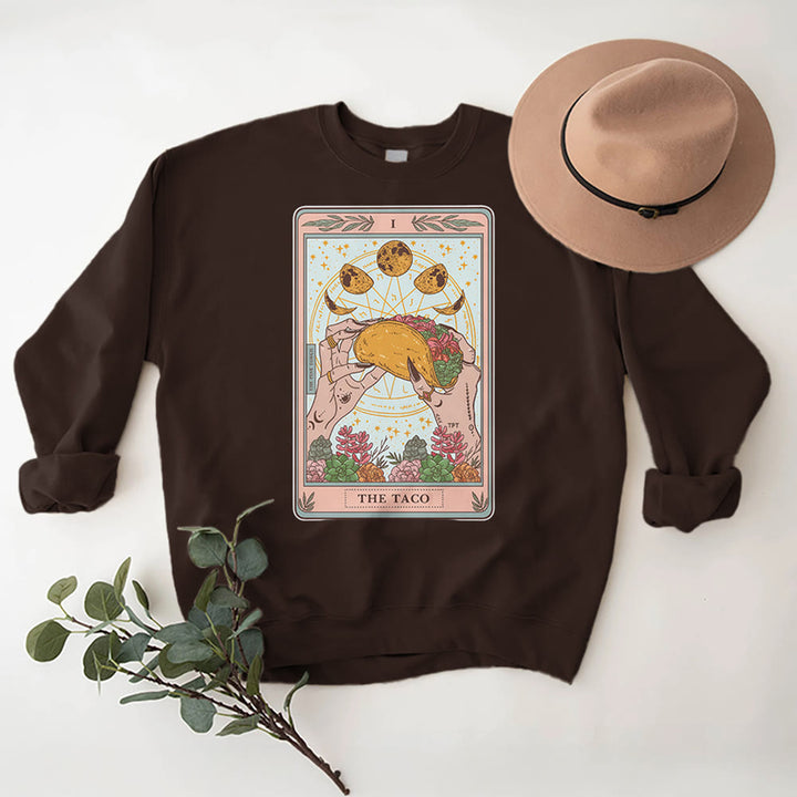 Sweat-shirt ample en polaire Olivenorma THE TACO avec motif de carte de tarot humoristique et phases de la lune - Brun - 2XL - image 9