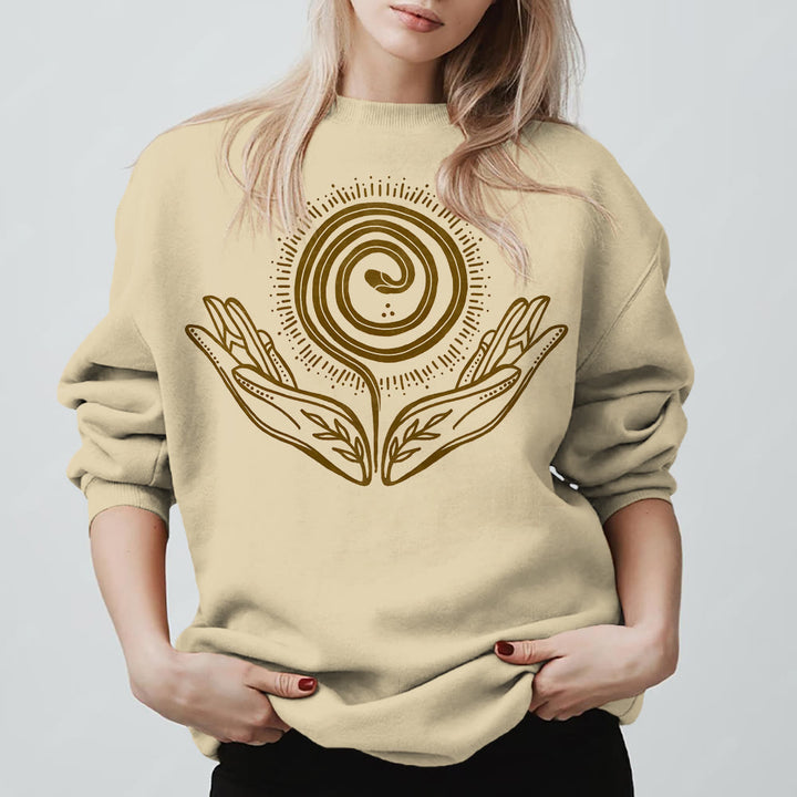 Sweat-shirt ample à col ras du cou et manches longues avec motif spirale de croissance spirituelle Olivenorma - image 1