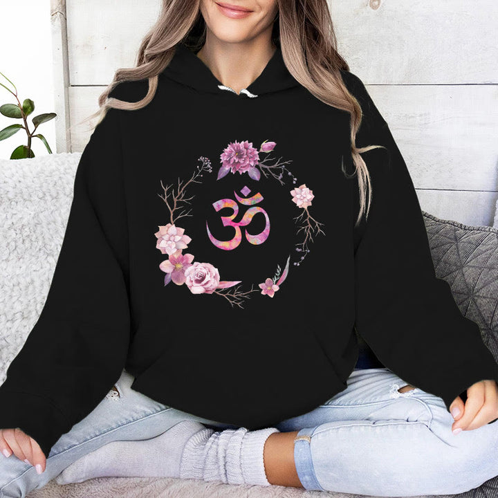 Pulls inspirants Olivenorma avec symbole OM et fleurs, haut polaire, sweat à capuche décontracté pour le yoga - Noir - 2XL - image 5