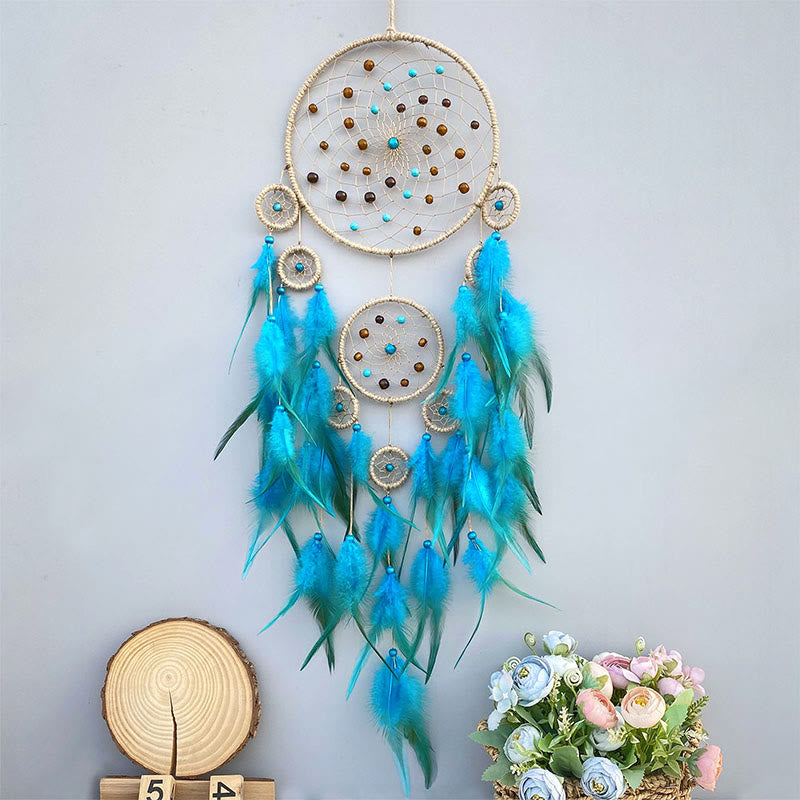 Attrape-rêves de la tribu amérindienne Olivenorma , attrape-rêves décoratif en plumes fait à la main - Avec des lumières - Bleu - image 0