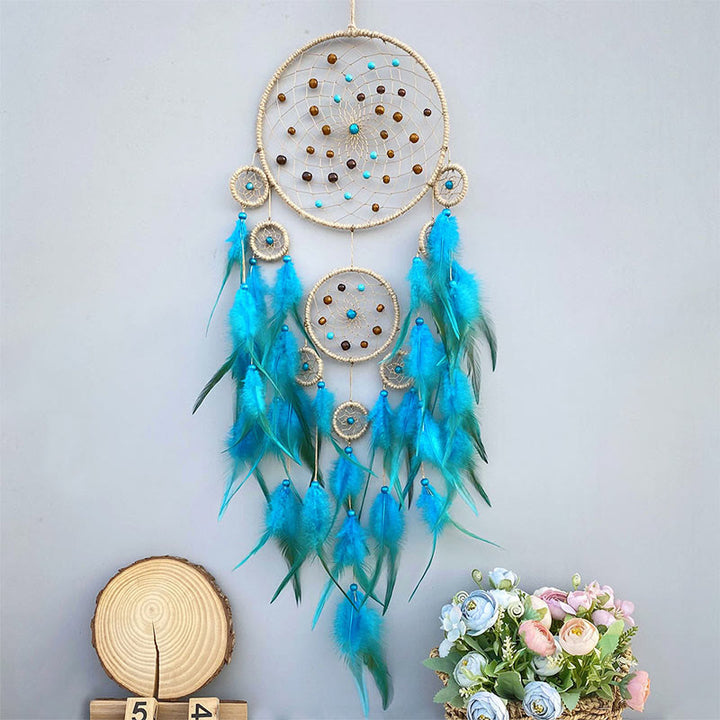 Attrape-rêves de la tribu amérindienne Olivenorma , attrape-rêves décoratif en plumes fait à la main - Avec des lumières - Bleu - image 0
