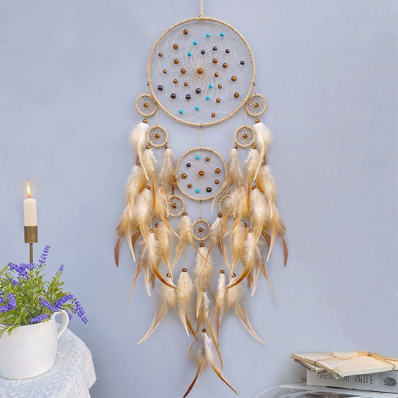 Attrape-rêves de la tribu amérindienne Olivenorma , attrape-rêves décoratif en plumes fait à la main - Avec des lumières - Kaki - image 3