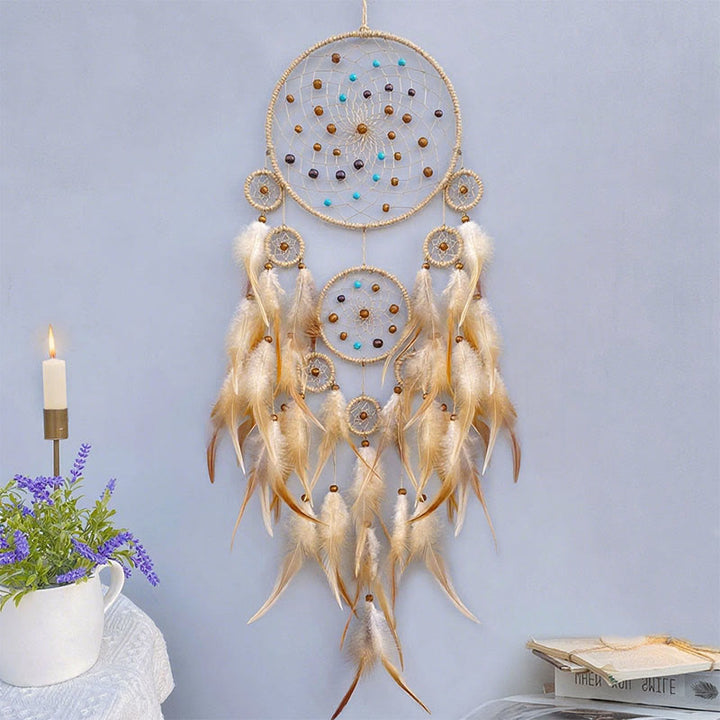Attrape-rêves de la tribu amérindienne Olivenorma , attrape-rêves décoratif en plumes fait à la main - Avec des lumières - Kaki - image 3