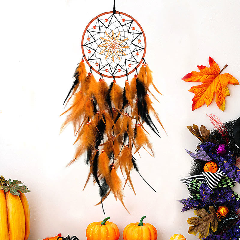 Attrape-rêves amérindiens faits main, noirs et orange, pour Halloween, Olivenorma - Avec des lumières - image 0