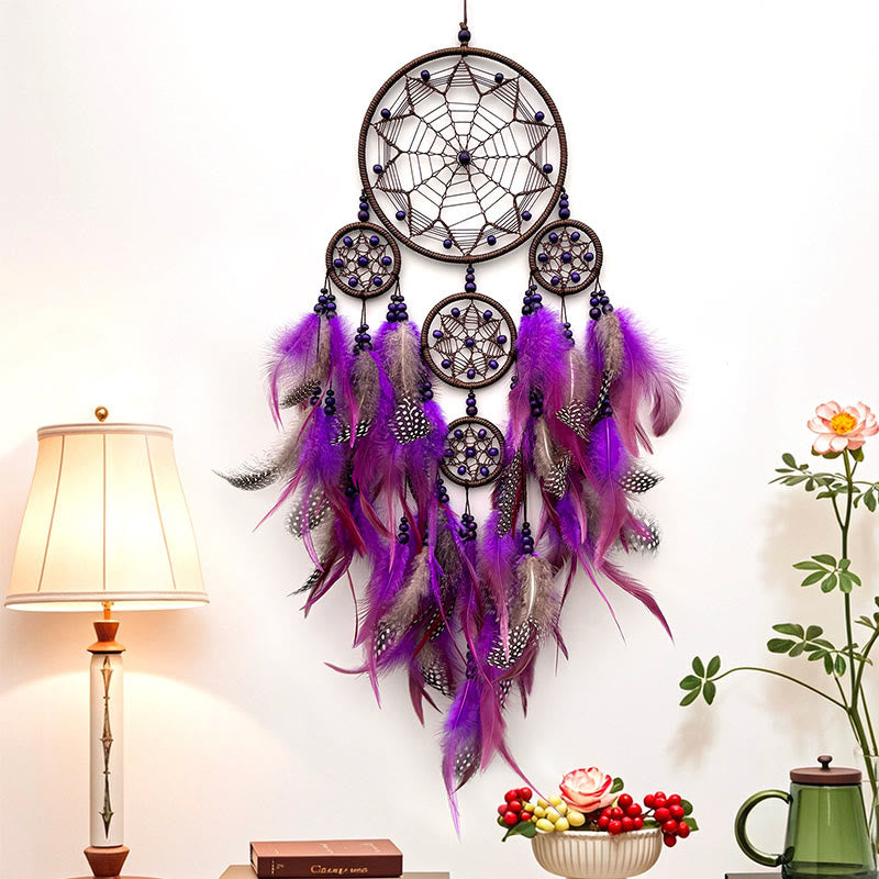 Décoration murale suspendue style bohème symbole tribal Olivenorma, attrape-rêves circulaire en filet - Avec des lumières - Violet - image 6