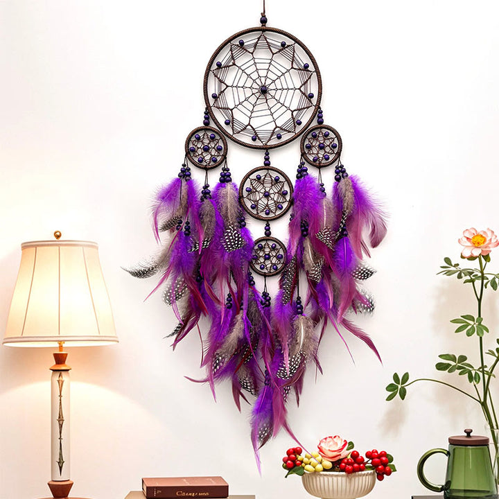 Décoration murale suspendue style bohème symbole tribal Olivenorma, attrape-rêves circulaire en filet - Avec des lumières - Violet - image 6