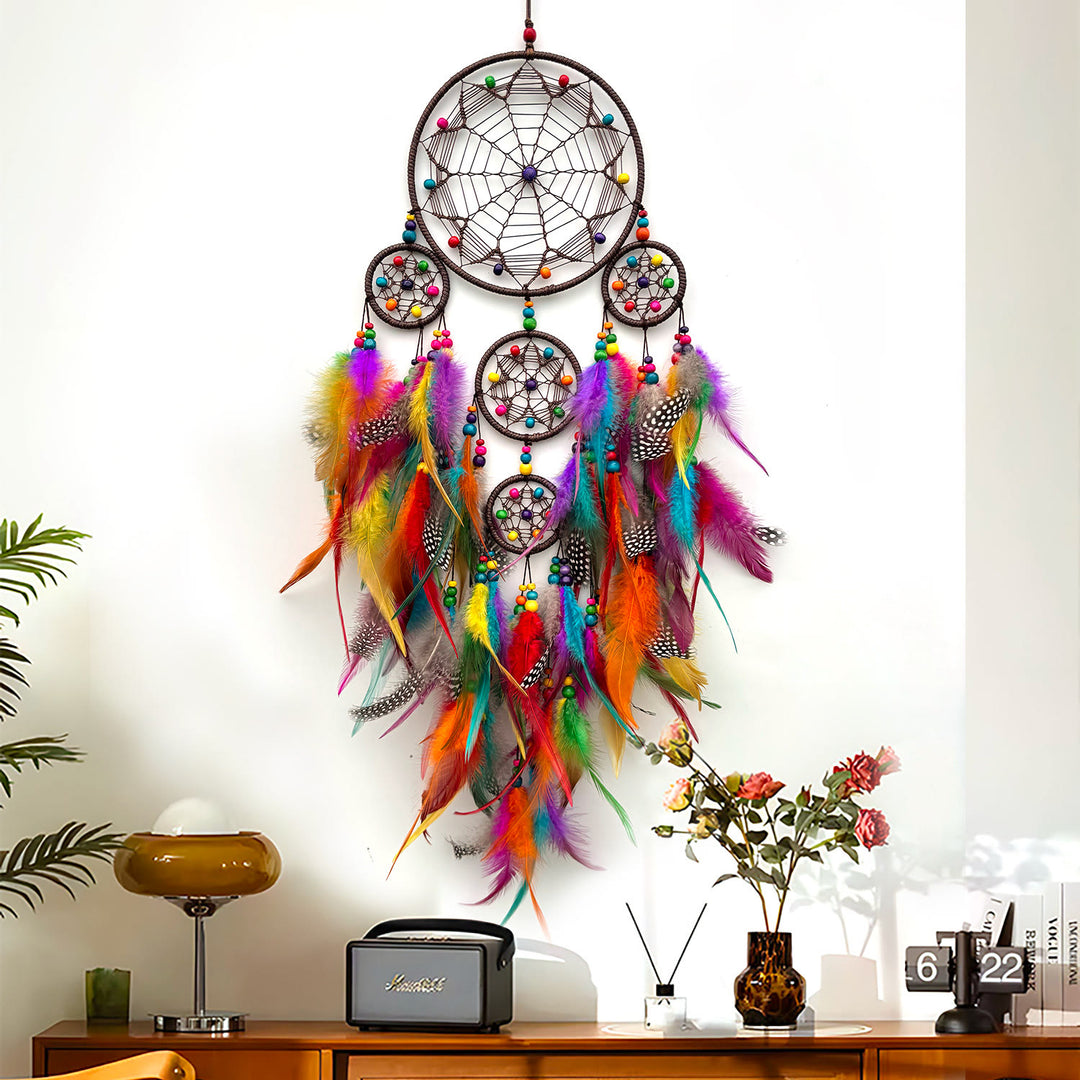 Décoration murale suspendue style bohème symbole tribal Olivenorma, attrape-rêves circulaire en filet - Avec des lumières - Coloré - image 0
