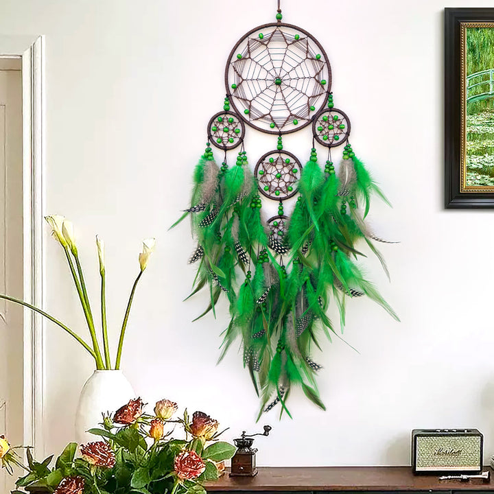 Décoration murale suspendue style bohème symbole tribal Olivenorma, attrape-rêves circulaire en filet - Avec des lumières - Vert - image 8