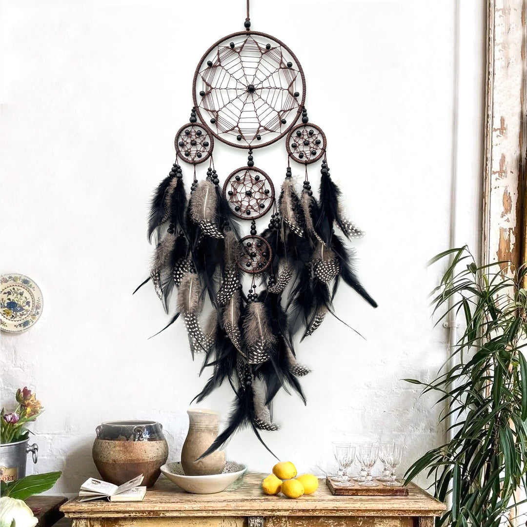 Décoration murale suspendue style bohème symbole tribal Olivenorma, attrape-rêves circulaire en filet - Avec des lumières - Noir - image 9