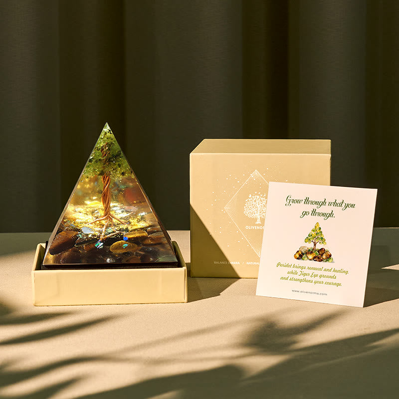 Olivenorma Radiance of Growth – Pyramide de l'Arbre de Vie Péridot et Œil de Tigre - 150*150mm (avec carte) - OUI S'IL VOUS PLAÎT 8 $ - image 0