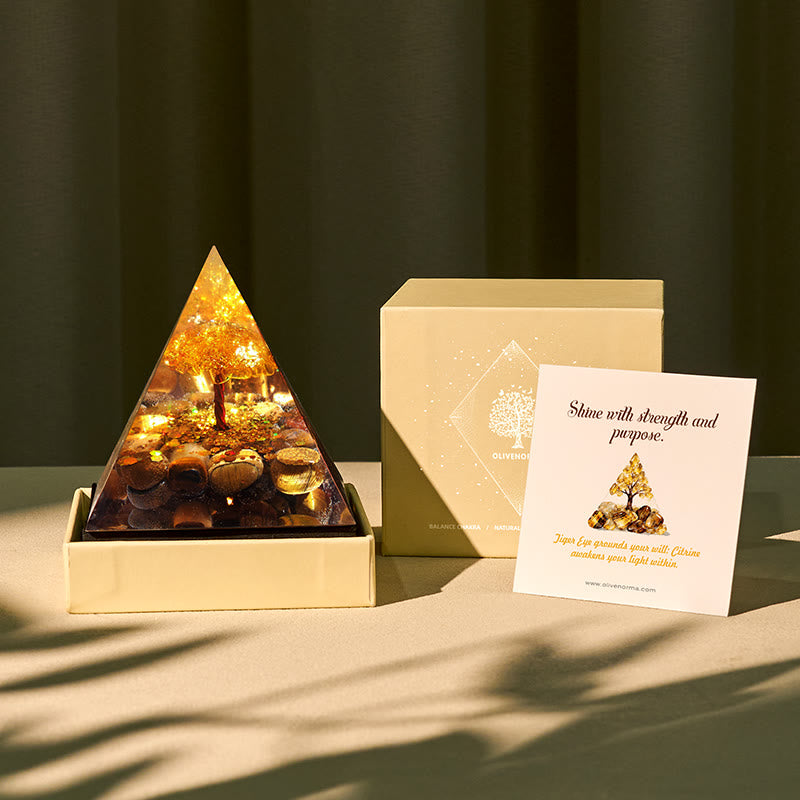 Pyramide d'orgone Olivenorma Golden Harmony œil de tigre et citrine arbre de vie - 8*8cm (avec carte) - OUI S'IL VOUS PLAÎT 8 $ - image 0