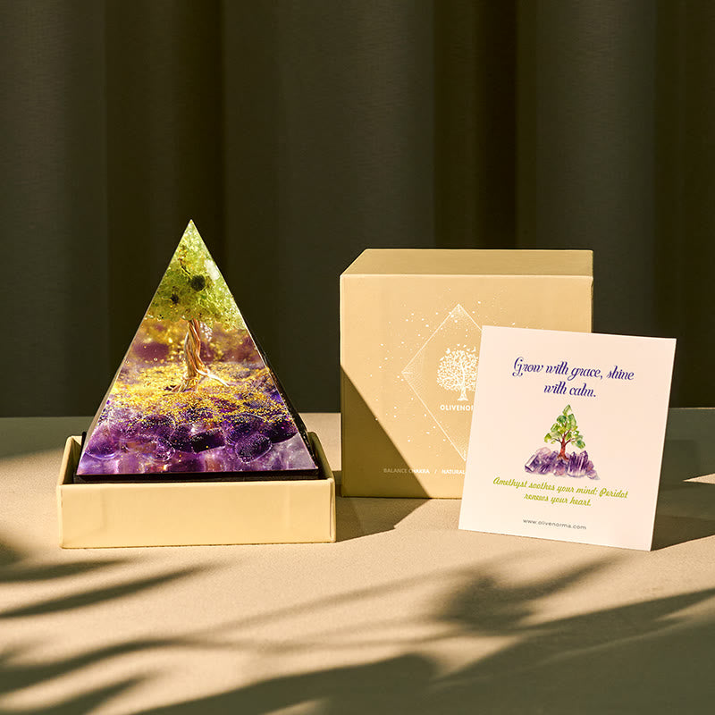 Olivenorma Harmony Roots Améthyste et Péridot Arbre de Vie Pyramide d'Orgone - 10*10cm (avec carte) - OUI S'IL VOUS PLAÎT 8 $ - image 0